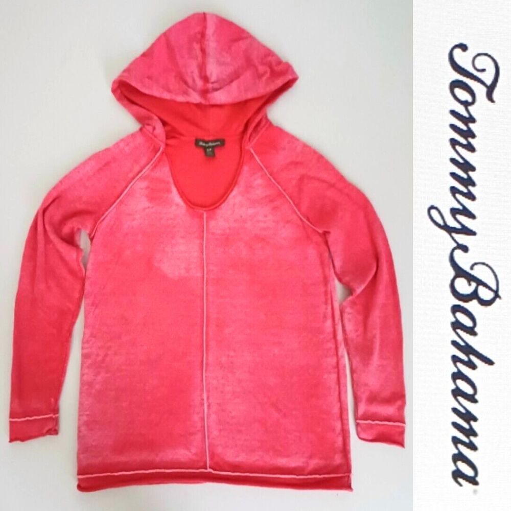 Tommy Bahama Lightweight Hoodie Pullover Top Distressed Coral Cotton Sz S